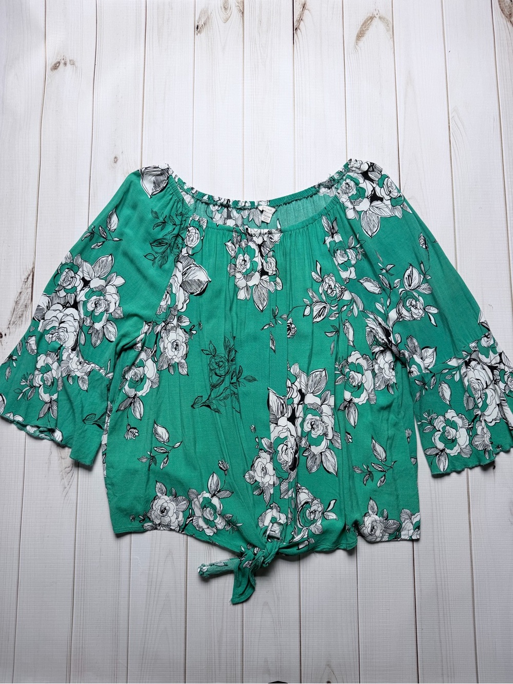 Floral Off-Shoulder Tie-Hem Tunic Top - Green
